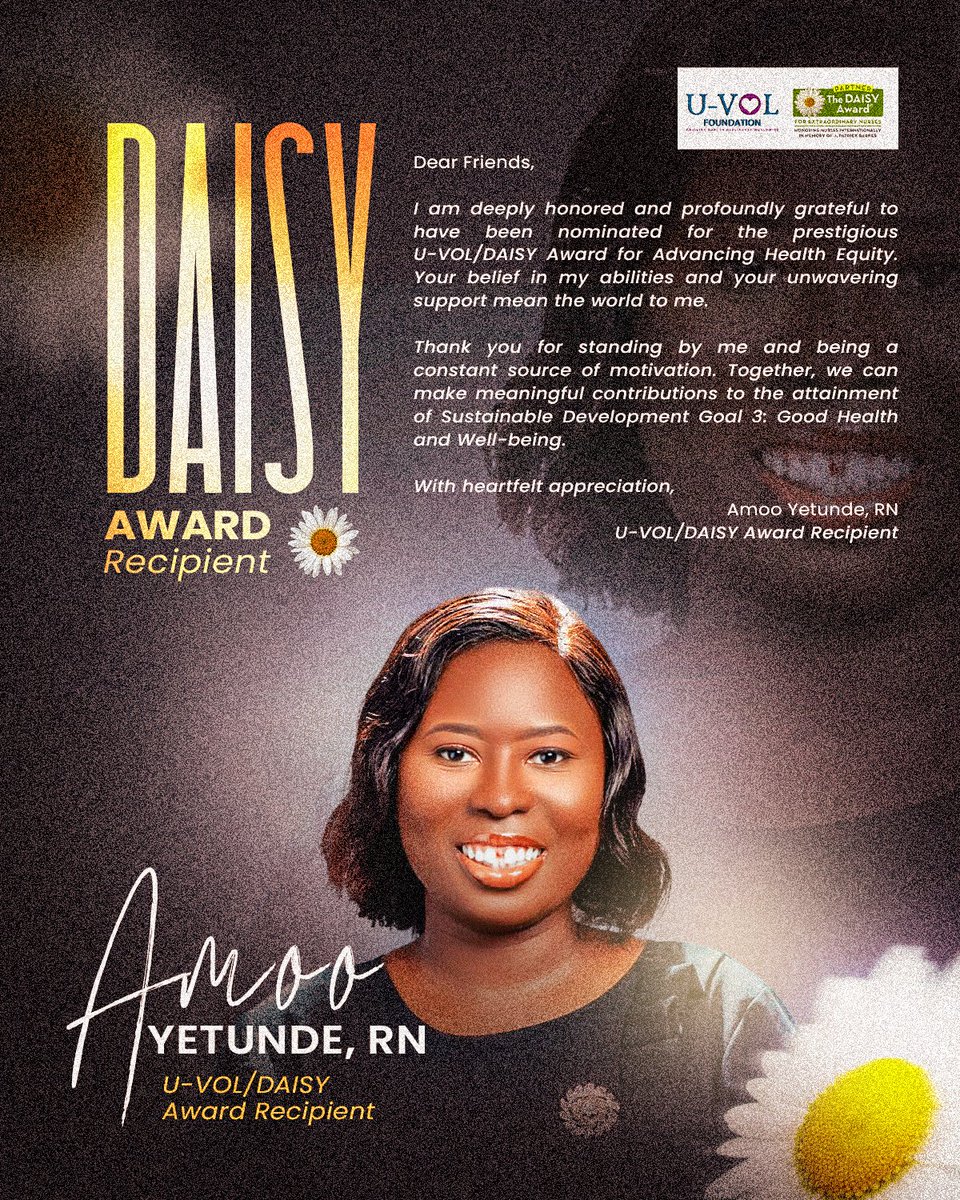 AmooYetunde5's tweet photo. I am truly honored and delighted to share that I have won the prestigious U-VOL/DAISY Award!

#Health #Impact #Awards #Nursing #SigmaNurse #GlobalHealthNurse #PublicHealth #HealthEquity #GlobalHealth #HealthForAll #WomenInSTEM #Honor @NANNNA_org @Nursingworld_Ng https://t.co/zTMKtpXBTE