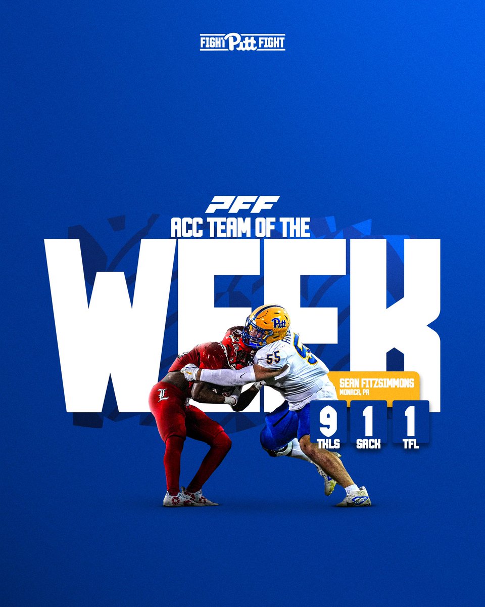 Sean Fitzsimmons has been named to the PFF ACC Team of the Week 🟡🔵

#HailToPitt x <a href="/seanfitz50/">$ean FitzSimmons</a>