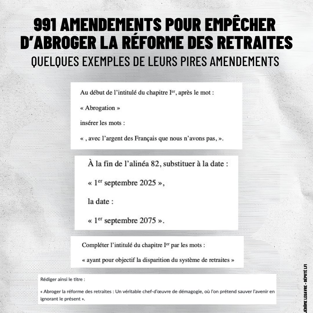 LegavreJerome's tweet image. Voilà comment les macronistes veulent faire obstruction ce jeudi à notre proposition de loi pour abroger la réforme des retraites. Un concentré du mépris qu’ils ont pour tous ceux à qui leur réforme vole deux ans.
Lors de notre niche ou plus tard, nous abrogerons cette réforme.