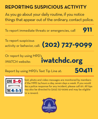 [4D MPD CAC] Public Safety information, Friendly Reminders   |  HOW TO REPORT SUSPICIOUS ACTIVITY
please share with your communities and listservs 
.@