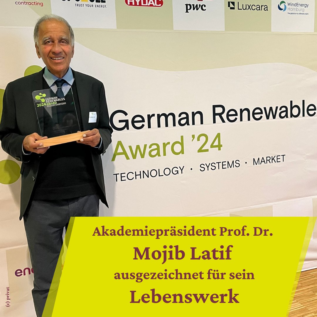 Für sein #Lebenswerk als Klimaforscher und Kommunikator zum Thema „#Klimawandel“ hat Akademiepräsident Prof. Dr. Mojib Latif den German Renewables Award 2024 von @ErneuerbareEHH erhalten. Der Seniorprofessor <a href="/GEOMAR_de/">GEOMAR</a> hat die Auszeichnung jetzt bekommen💐
awhamburg.de/aktuell/aktuel…