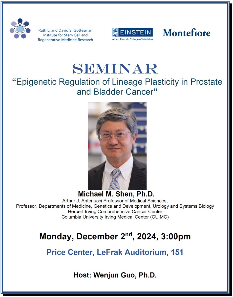 EinsteinSCI (@einstein_sci) on Twitter photo Excited to host Dr. Michael M. Shen (<a href="/MichaelMShen/">Michael Shen</a>) from <a href="/ColumbiaMed/">Columbia Medicine</a> for our Stem <a href="/Einstein_SCI/">EinsteinSCI</a> seminar on the epigenetic regulation of lineage plasticity in prostate and bladder cancer at 3 PM on Monday, December 2nd! (Hosted by <a href="/WenjunGuoLab/">Wenjun_Guo</a>) <a href="/EinsteinCellBio/">EinsteinCellBio</a> <a href="/EinsteinMed/">Albert Einstein College of Medicine - Official</a> Excited to host Dr. Michael M. Shen (<a href="/MichaelMShen/">Michael Shen</a>) from <a href="/ColumbiaMed/">Columbia Medicine</a> for our Stem <a href="/Einstein_SCI/">EinsteinSCI</a> seminar on the epigenetic regulation of lineage plasticity in prostate and bladder cancer at 3 PM on Monday, December 2nd! (Hosted by <a href="/WenjunGuoLab/">Wenjun_Guo</a>) <a href="/EinsteinCellBio/">EinsteinCellBio</a> <a href="/EinsteinMed/">Albert Einstein College of Medicine - Official</a>