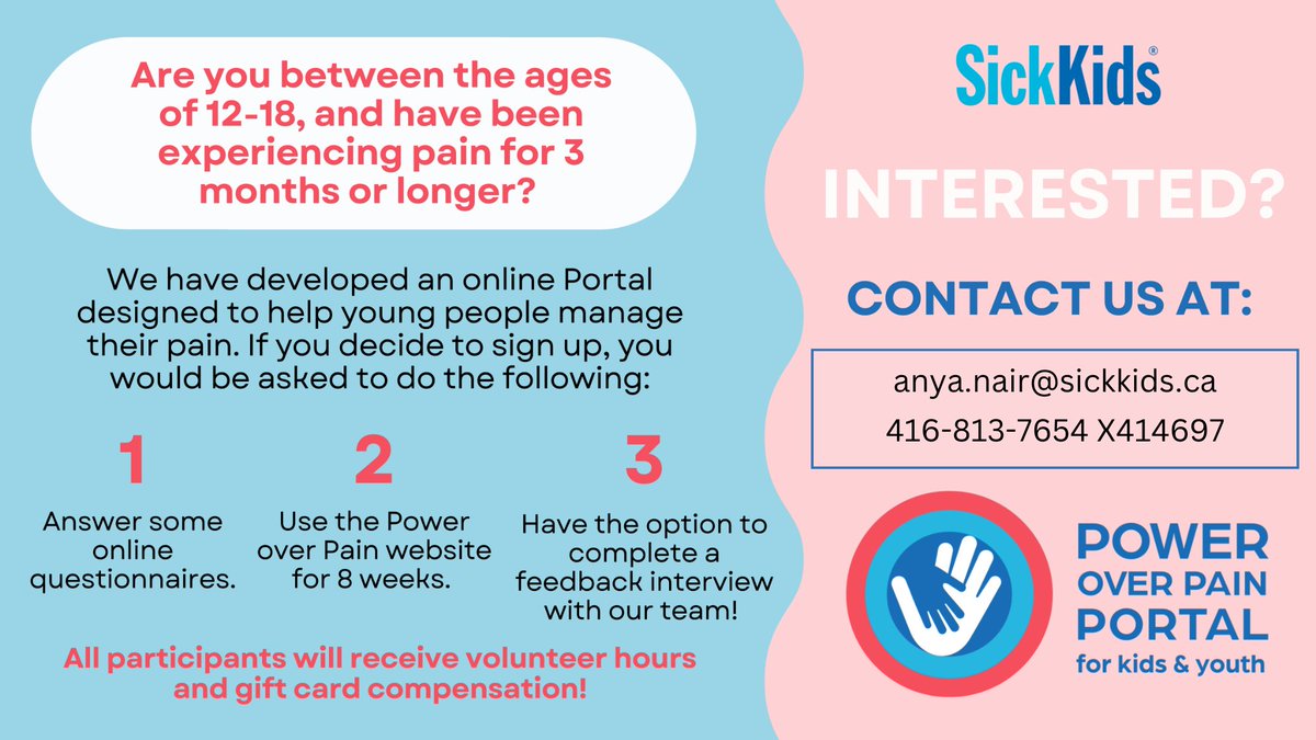 CHILD-BRIGHT Network (@childbrightnet) on Twitter photo LAST CALL for participants! <a href="/SickKidsNews/">The Hospital for Sick Children (SickKids)</a> researchers in the @iOUCHLab are seeking kids & teens aged 12-18 to test their Power Over Pain Portal, an online platform designed to help young people manage #ChronicPain⚡👶 Visit: tinyurl.com/5fbn3cte LAST CALL for participants! <a href="/SickKidsNews/">The Hospital for Sick Children (SickKids)</a> researchers in the @iOUCHLab are seeking kids & teens aged 12-18 to test their Power Over Pain Portal, an online platform designed to help young people manage #ChronicPain⚡👶 Visit: tinyurl.com/5fbn3cte