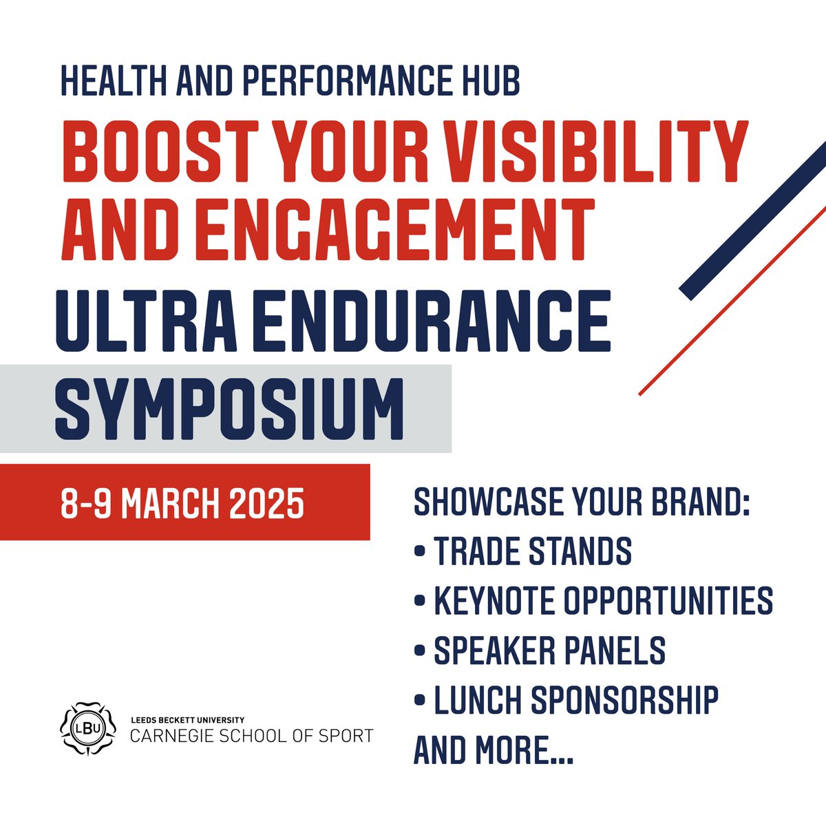 Sponsorship Opportunity: Ultra Endurance Symposium <a href="/Carnegie_Sport/">Carnegie School of Sport</a> (8–9 March 
2025). Showcase your brand to endurance athletes &amp; coaches through: 
 Trade Stands 
 Keynote Opportunities 
 Lunch Sponsorship 
Learn more &amp; partner with us: bit.ly/UltraSponsorPa…