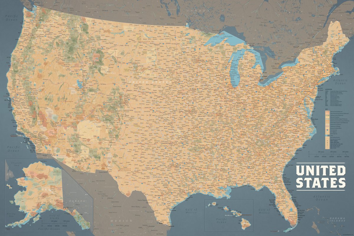 BestMapsEver's tweet image. We're celebrating 10 years of Best Maps Ever with the release of our most generic map yet: a USA wall map. Of course, this map is anything but "basic". In addition to its unique styling, the most notable feature is its portrayal of federal lands.
bestmapsever.com/products/unite…
