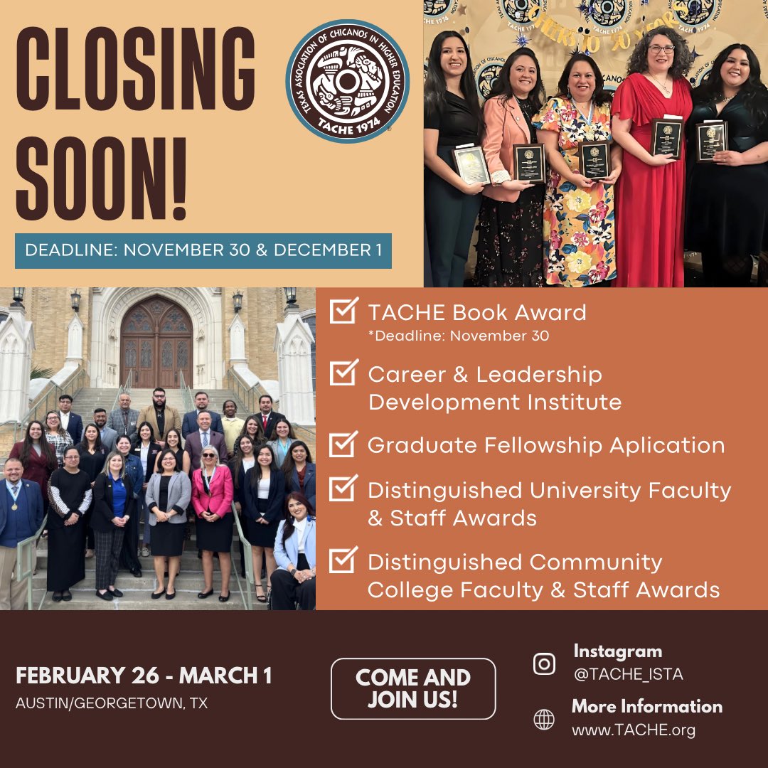 🚨AWARD NOMINATIONS CLOSING SOON!⏰
 
☑️Self-nominations are being accepted!
 
🔗Visit TACHE.org to submit a nomination or application today.