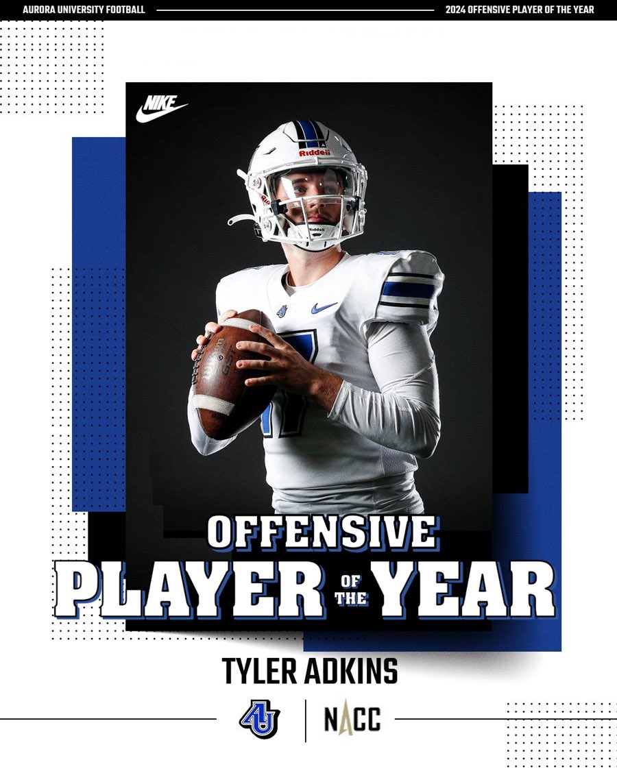 Aurora University Football (@au_spartanfb) on Twitter photo Congratulations to Sophomore Quarterback Tyler Adkins on being named <a href="/NACC_sports/">NACC</a> Offensive Player of the Year! #weareoneAU Congratulations to Sophomore Quarterback Tyler Adkins on being named <a href="/NACC_sports/">NACC</a> Offensive Player of the Year! #weareoneAU