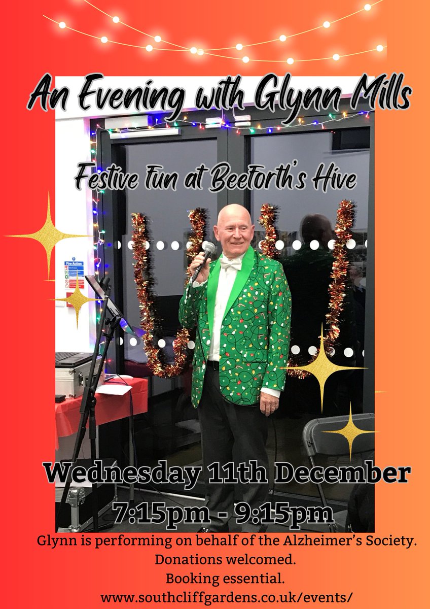 South Cliff Gardens (@hlfscgardens) on Twitter photo We're getting into the festive spirit at Beeforth's Hive with the wonderful <a href="/MillsGlynn20848/">Glynn Mills</a> , enjoy a free evening of top quality entertainment with donations welcome to a charity close to Glynn's heart <a href="/alzheimerssoc/">Alzheimer's Society</a>. Book your spot here: eventbrite.co.uk/e/107653927093… We're getting into the festive spirit at Beeforth's Hive with the wonderful <a href="/MillsGlynn20848/">Glynn Mills</a> , enjoy a free evening of top quality entertainment with donations welcome to a charity close to Glynn's heart <a href="/alzheimerssoc/">Alzheimer's Society</a>. Book your spot here: eventbrite.co.uk/e/107653927093…
