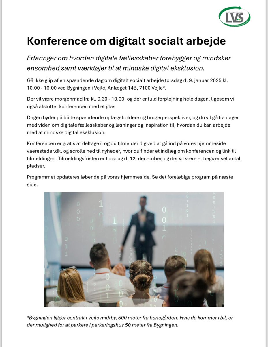 vaeresteder's tweet photo. Invitation: konference 9/1 2025 hos Bygningen i Vejle - for dig, som er interesseret i DIGITALT SOCIALT ARBEJDE
Du får viden om digitale fællesskaber, løsninger og inspiration til, hvordan du kan arbejde med at mindske digital eksklusion. 
Tilmelding 👇🏽
https://t.co/zODWpMVT5p... https://t.co/0yqsul91hG