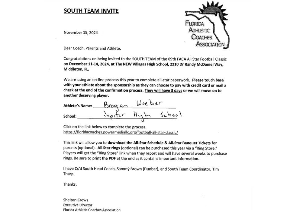 Brogan Woeber (@broganwoeber) on Twitter photo Thank you to the <a href="/FACACoach/">FACA</a> for my All-star invite, the state recognition is greatly appreciated.
<a href="/JupFBRecruiting/">Jupiter Football Recruiting</a> <a href="/101Warriors/">Jupiter Football</a> <a href="/JupiterWarriors/">Jupiter HS Athletics</a> <a href="/CoachTonyBugeja/">4th Down Solutions</a> <a href="/brett_mille2ba/">Brett miller</a> <a href="/Runna81/">David Runner</a> <a href="/Josh_Brooks_20/">Josh Brooks</a> <a href="/najitobias/">Naji Tobias</a> <a href="/EraPrep/">New Era Prep</a> <a href="/ESPNTop63/">ESPN Top 63</a> <a href="/pbpsports/">PB Post Sports</a> <a href="/LouGrozaAward/">Lou Groza Award</a> <a href="/KohlsKicking/">Kohl's Kicking Camps</a> Thank you to the <a href="/FACACoach/">FACA</a> for my All-star invite, the state recognition is greatly appreciated.
<a href="/JupFBRecruiting/">Jupiter Football Recruiting</a> <a href="/101Warriors/">Jupiter Football</a> <a href="/JupiterWarriors/">Jupiter HS Athletics</a> <a href="/CoachTonyBugeja/">4th Down Solutions</a> <a href="/brett_mille2ba/">Brett miller</a> <a href="/Runna81/">David Runner</a> <a href="/Josh_Brooks_20/">Josh Brooks</a> <a href="/najitobias/">Naji Tobias</a> <a href="/EraPrep/">New Era Prep</a> <a href="/ESPNTop63/">ESPN Top 63</a> <a href="/pbpsports/">PB Post Sports</a> <a href="/LouGrozaAward/">Lou Groza Award</a> <a href="/KohlsKicking/">Kohl's Kicking Camps</a>