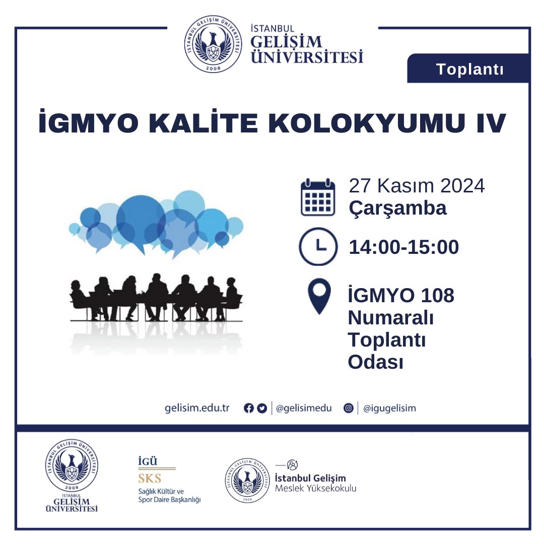 İGMYO Kalite Kolokyumu 27 Kasım 2024 Çarşamba günü saat 14:00-15:00 arasında G Blok 108 numaralı toplantı odasında gerçekleştirilecektir.