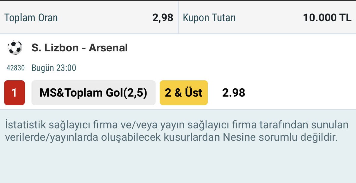 26 Kasım Şampiyonlar Ligi - 5
Tekli Yüksek Oran Denemesi🍀

Sporting Lizbon - Arsenal

10K🔜30K💰