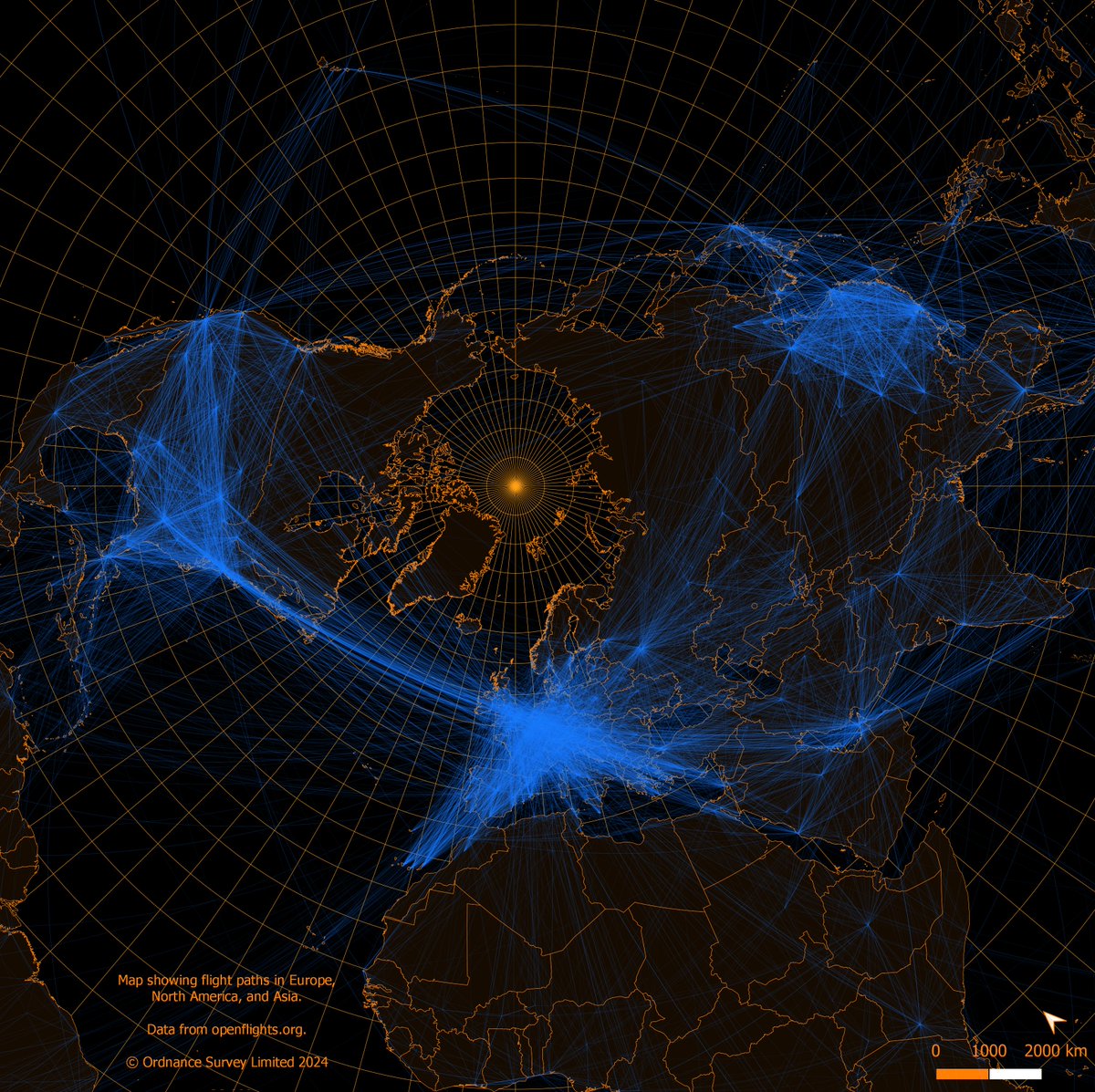 OrdnanceSurvey's tweet photo. Created by Software Engineer Dan Whitford, this map shows global flight paths using the unusual "Arctic Polar Stereographic" projection, placing the #NorthPole at the centre.

For Day 26 of the #30DayMapChallenge - Map projections. https://t.co/ekKnOBGQ0K