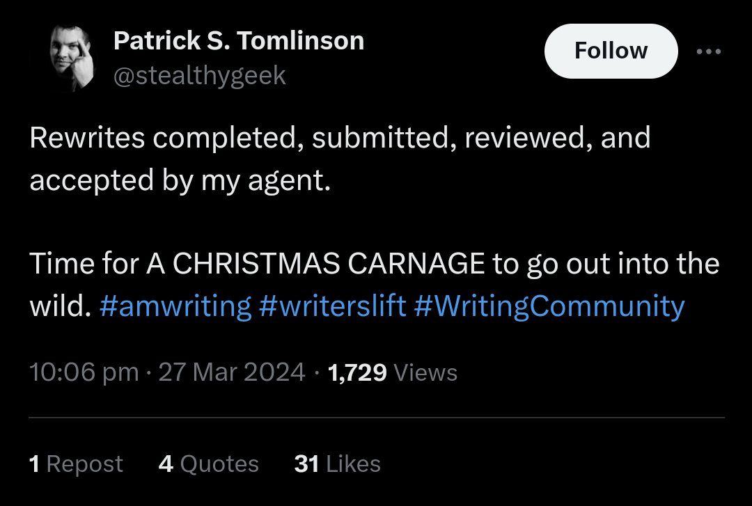 XmasCarnageFail's tweet photo. 249 days since @stealthygeek sent his novella Christmas Carnage out to potential publishers. Given December is now upon us, it seems that a release in time for Xmas 2024 is off the cards. Sorry fans.
#amwriting #writerslift #WritingCommunity #NotInStores #nopublisher https://t.co/Qixf1cyFut