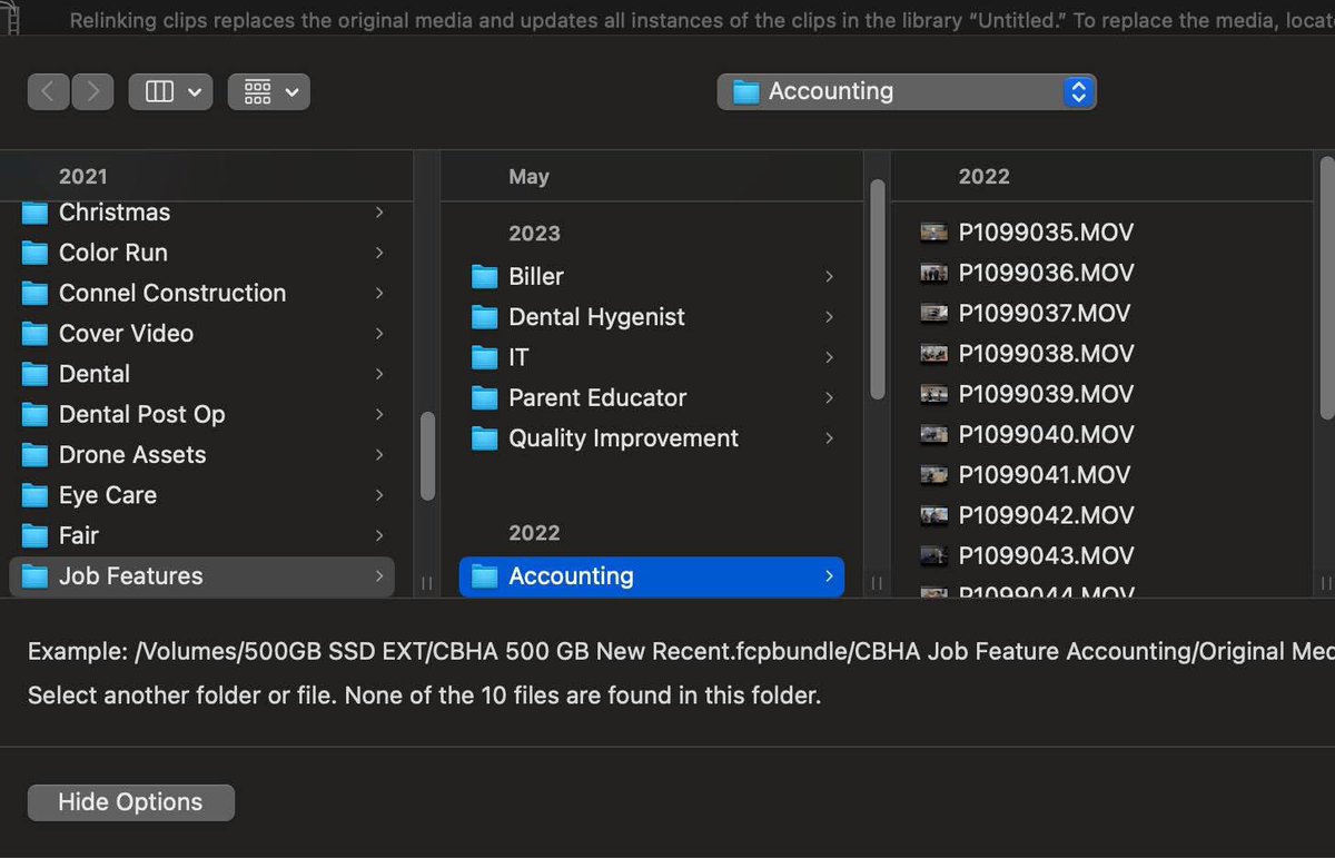 JohnLockard2's tweet photo. @Apple how come batch relinking files doesn’t work in FCP11? I have to relink one file at a time! It says “None of the files are found in this folder” when they are all there! https://t.co/7gRQqlDjam