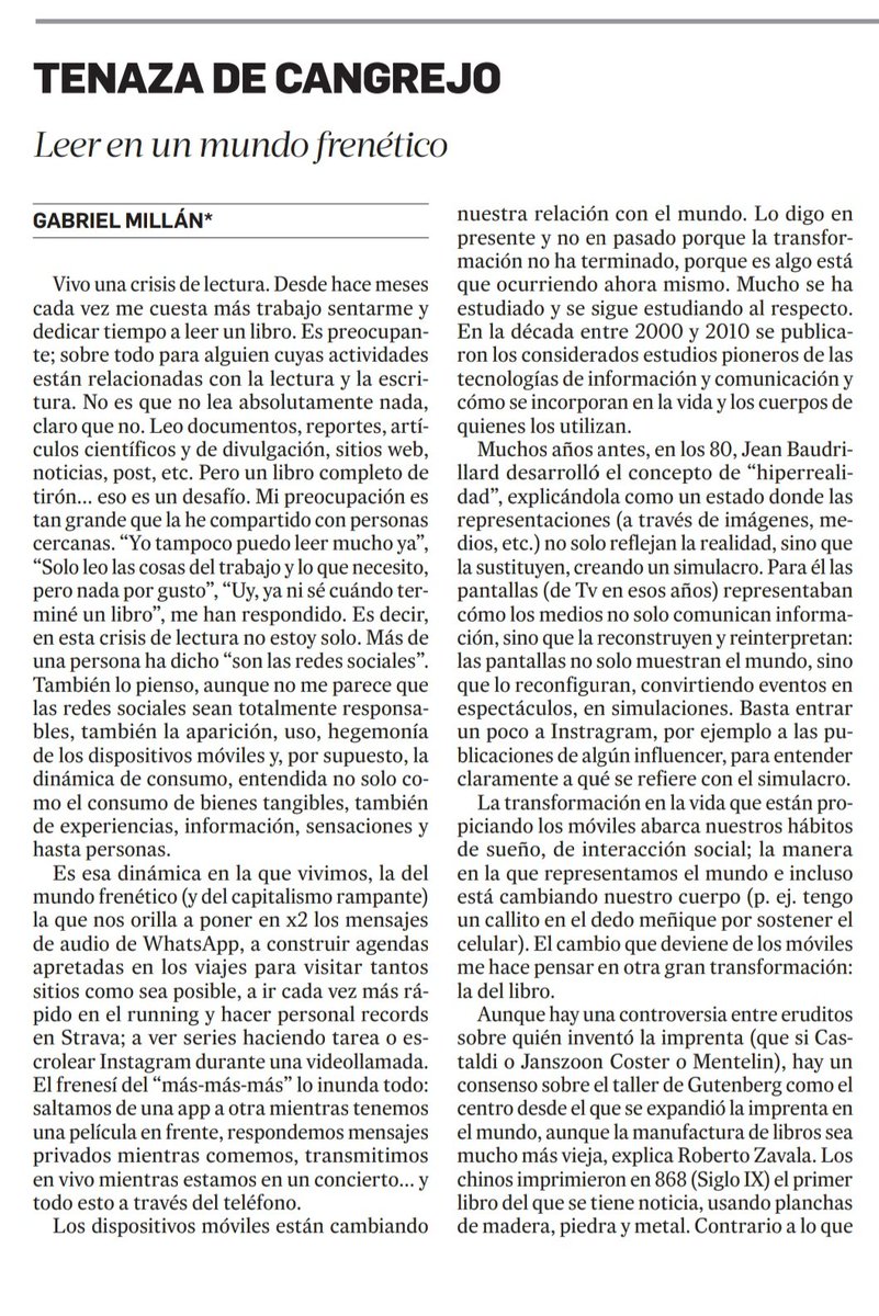 desertius's tweet photo. Es martes quicenal, es día de Tenaza.

Esta entrega es una reflexión sobre lo difícil que resulta leer en un mundo frenético, hiperestimulado y consumidor rampante.

Disfruten.

https://t.co/rIbwvafz6v https://t.co/qO2MHJWRHs