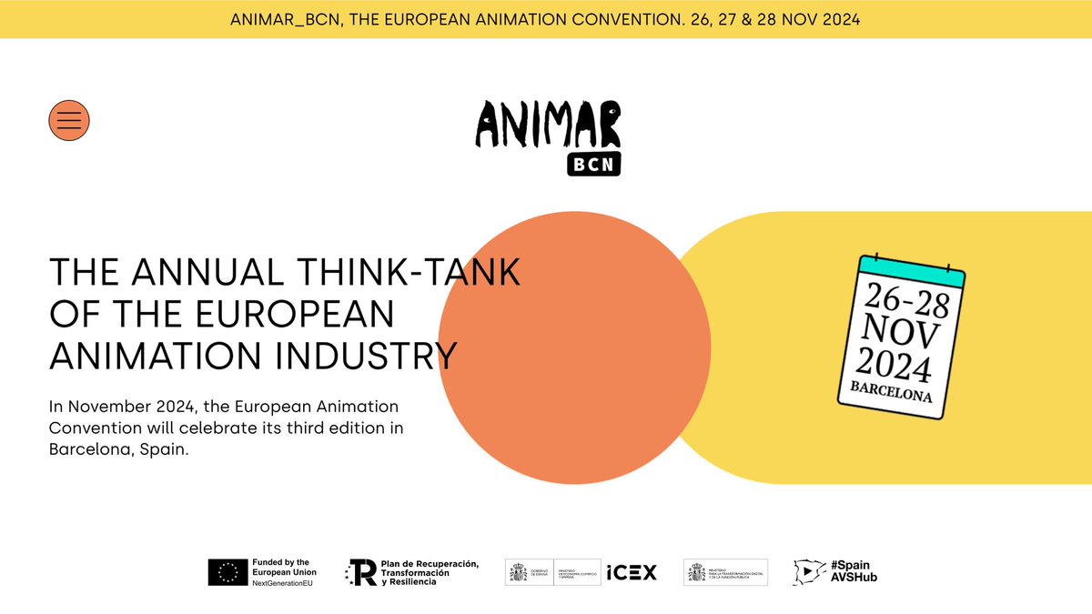 AVfromSpain_'s tweet photo. 🎥✨ @Animar_BCN is back!
From Nov 26-28, Barcelona hosts the 3rd edition, bringing together 60+ European organizations from 24 countries to boost competitiveness, cooperation & visibility in animation #AnimationFromSpain
#AnimarBCN2024 #EuropeanAnimation https://t.co/5IjTX9dwHe