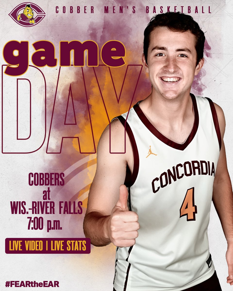 𝗚𝗔𝗠𝗘𝗗𝗔𝗬!
The Cobber men's basketball season has been 👍 so far. Zach Jackson &amp; the rest of CC put their 3-0 record on the line when they face UW-River Falls. Live video &amp; stats are available for fans to follow all the exciting action.

#FearTheEar🌽