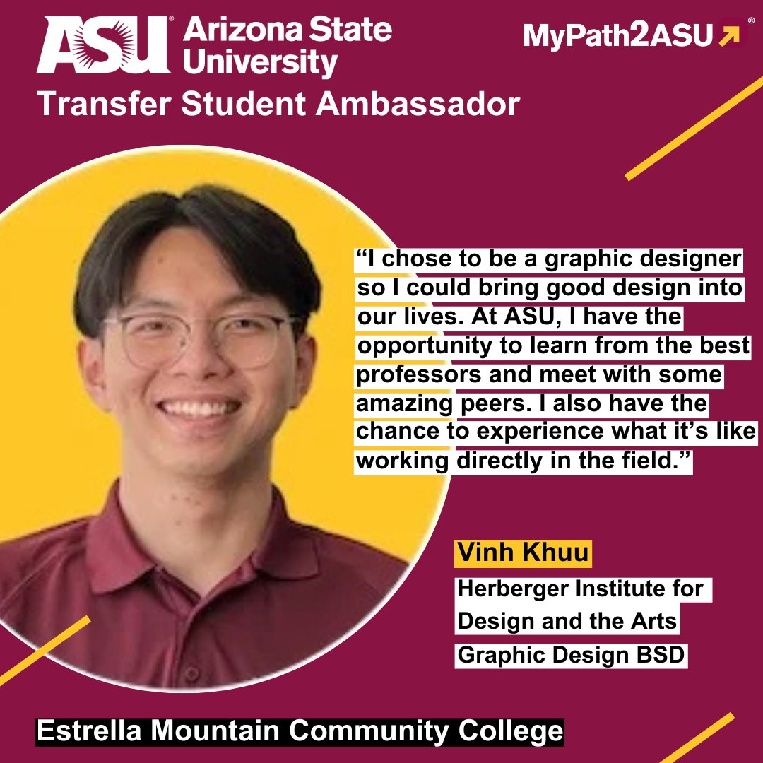 MyPath2ASUĀ® (@mypath2asu) on Twitter photo š±We can't wait for you to meet #ASU transfer student ambassador Vinh Khuu! Vinh transferred from <a href="/EMCC_official/">Estrella Mountain Community College</a> to study graphic design in <a href="/ASUHIDA/">Herberger Institute</a>.
Learn more! asu.edu/transfer/ambasā¦
#MyPath2ASU #ASUTransfer #asudesignschool #asuherberger #MCCCD #estrellamountaincc #EMCC š±We can't wait for you to meet #ASU transfer student ambassador Vinh Khuu! Vinh transferred from <a href="/EMCC_official/">Estrella Mountain Community College</a> to study graphic design in <a href="/ASUHIDA/">Herberger Institute</a>.
Learn more! asu.edu/transfer/ambasā¦
#MyPath2ASU #ASUTransfer #asudesignschool #asuherberger #MCCCD #estrellamountaincc #EMCC