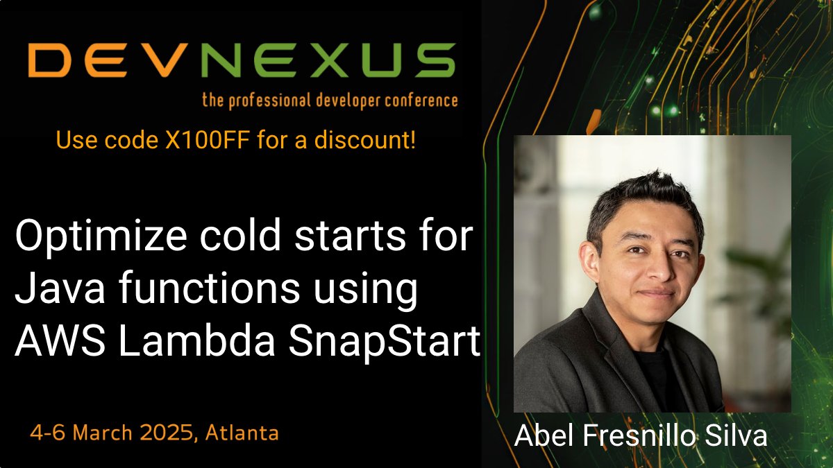 Come and take part in <a href="/abel_fresnillo/">Abel Fresnillo</a>'s Devnexus session next March, to explore advanced techniques for optimizing cold starts in Java functions using AWS Lambda SnapStart! ⭐

devnexus.com/presentations/…

Get your tickets now! 🎟️- devnexus.com
X100OFF for a discount 👀🙌