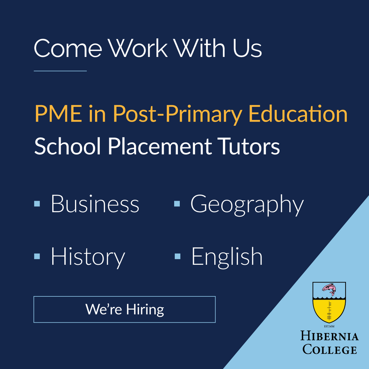 HiberniaCollege's tweet photo. We are currently recruiting School Placement Tutors in Business, Geography, History and English to join our PME in Post-Primary Education team. Apply now here: https://t.co/0fjH7n2svi. #JobFairy #Tutors #SchoolPlacement #HiberniaCollege #WorkWithHC #School #College #Education https://t.co/bZxTeu8jqL