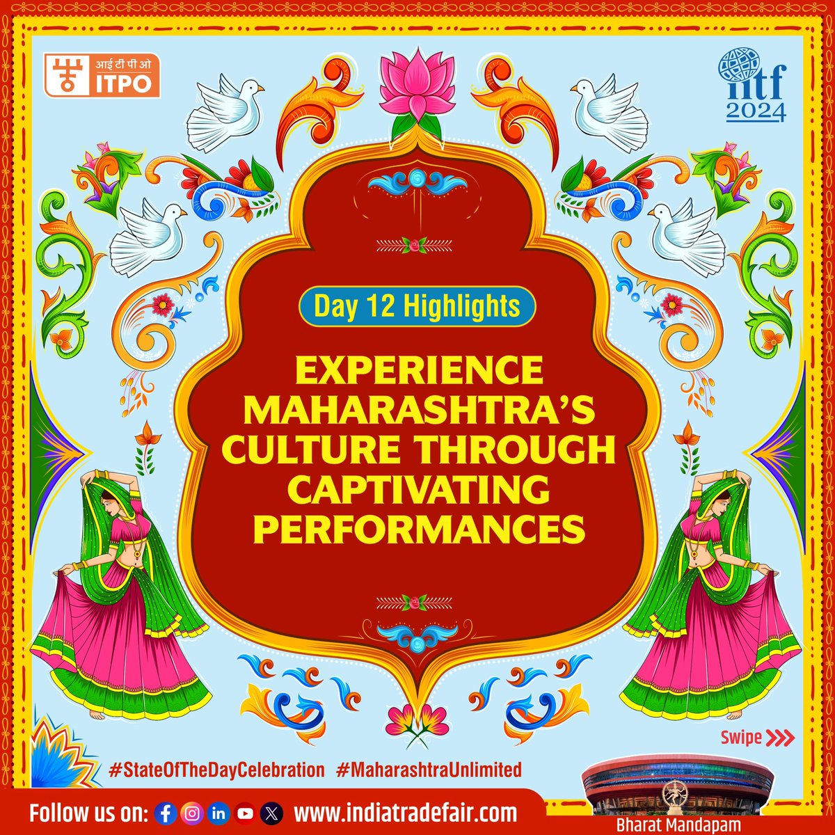 ITPODesk's tweet photo. Maharashtra’s Cultural Performance at #IITF2024 A celebration of grandeur and tradition! 🌟

From dance to the musical beats, Maharashtra’s performance showcases the state’s lively spirit and diverse cultural influences.

Stay tuned for more cultural highlights at #IITF2024!

Don’t miss out—visit https://t.co/fyRJfMTLip for details.

#ViksitBharat #BharatMandapam #ITPO #IndiaTradeFair #43rdIITF