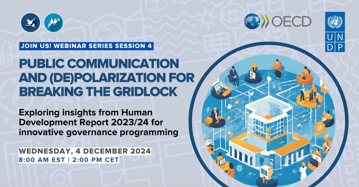 UNDP Governance (@undpgov) on Twitter photo Join us for the final webinar in a 4-part series by <a href="/UNDP/">UN Development</a> & <a href="/OECD/">OECD ➡️ Better Policies for Better Lives</a> on insights from #HDR2024 for innovative governance.
We’ll discuss public communication’s role in building trust & gov-citizen dialogue.
📅 4 Dec, 8-9:30am EDT
Register: undp.zoom.us/webinar/regist… Join us for the final webinar in a 4-part series by <a href="/UNDP/">UN Development</a> & <a href="/OECD/">OECD ➡️ Better Policies for Better Lives</a> on insights from #HDR2024 for innovative governance.
We’ll discuss public communication’s role in building trust & gov-citizen dialogue.
📅 4 Dec, 8-9:30am EDT
Register: undp.zoom.us/webinar/regist…