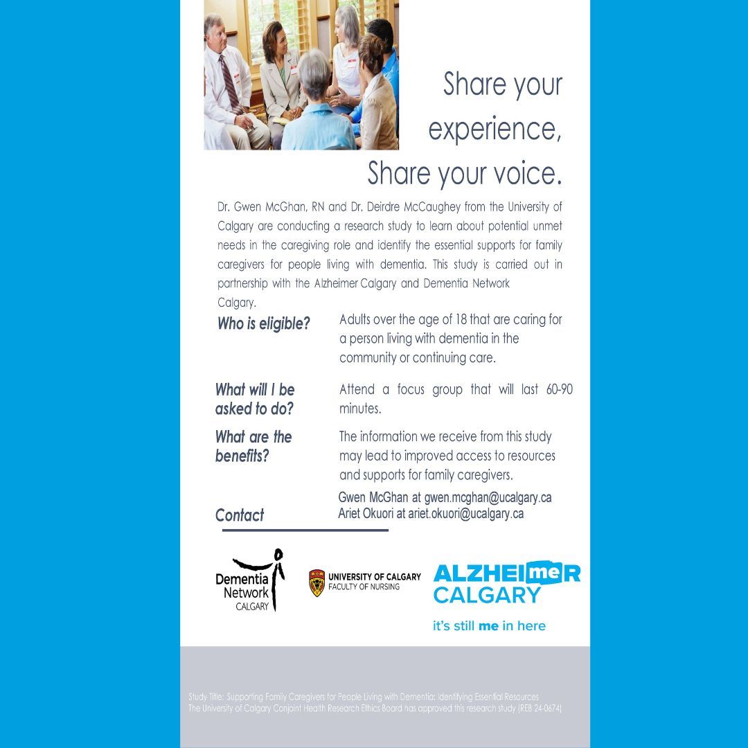 Dementia Network YYC (@dementiacalgary) on Twitter photo 🔊 Share your voice and experience! Participate in a research study to learn about potential unmet needs in the caregiving role and identify supports for family caregivers for people living with dementia. To learn more and participate email ariet.okuori@ucalgary.ca 🔊 Share your voice and experience! Participate in a research study to learn about potential unmet needs in the caregiving role and identify supports for family caregivers for people living with dementia. To learn more and participate email ariet.okuori@ucalgary.ca
