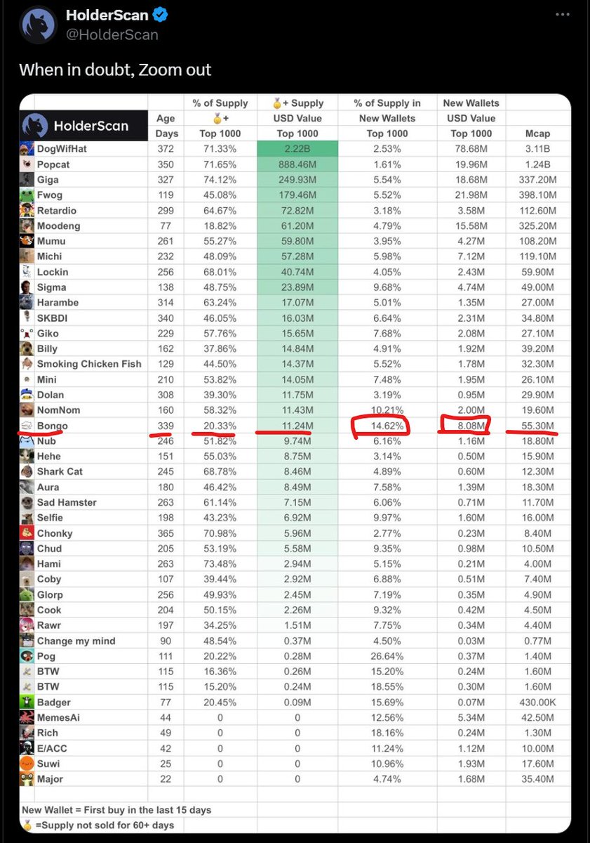 $Bongo looking good for demand!

With % of new supply in top 1000 wallets continue to increase on a higher % than any other meme 

$BONGO metrics up there with $WIF $POPCAT $GIGA and $FWOG