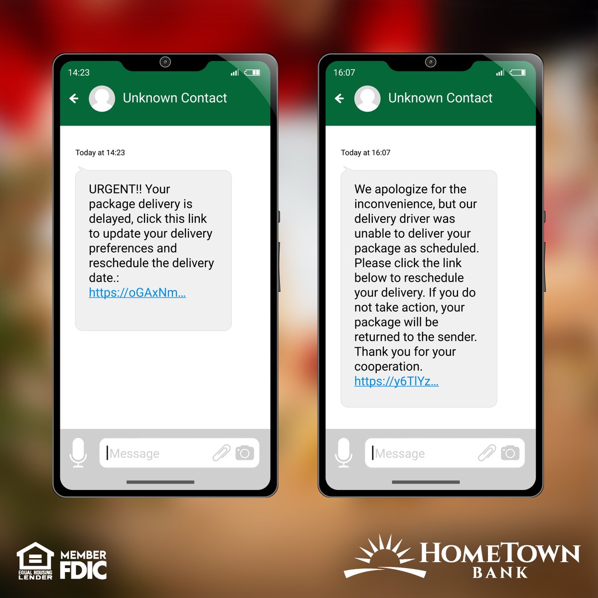 HomeTownBankMN's tweet photo. Package Delivery Fraud: You may receive fake emails or texts pretending to be from delivery companies asking you to "reschedule" or "confirm" a package. Don’t click suspicious links! Visit the official site directly to track your orders. https://t.co/cy5W4jEyMC