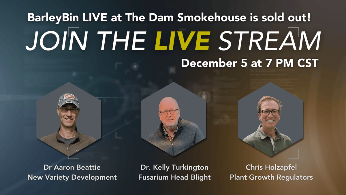 📢 BarleyBin LIVE at The Dam Smokehouse is sold out, but you don't have to miss out. Join the live stream at 7PM CST on Dec 5 and hear from our experts on new varieties, FHB management and how PGR's can improve your harvest.

Save this 🔗 youtube.com/live/WpxAbnT2w…

#SaskAg