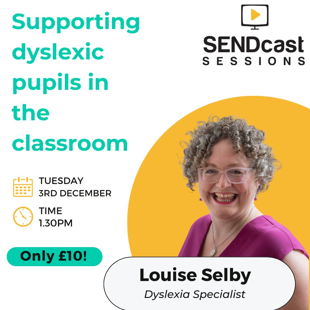 Don't miss our next LIVE SENDcast Session with Dyslexia expert, Louise Selby! 🤩

Get practical strategies &amp; ask your questions direct to help support the dyslexic pupils in your care - register here 👇

ow.ly/m2nB50U8Xqn

@louiseselby21 #dyslexia #teachers