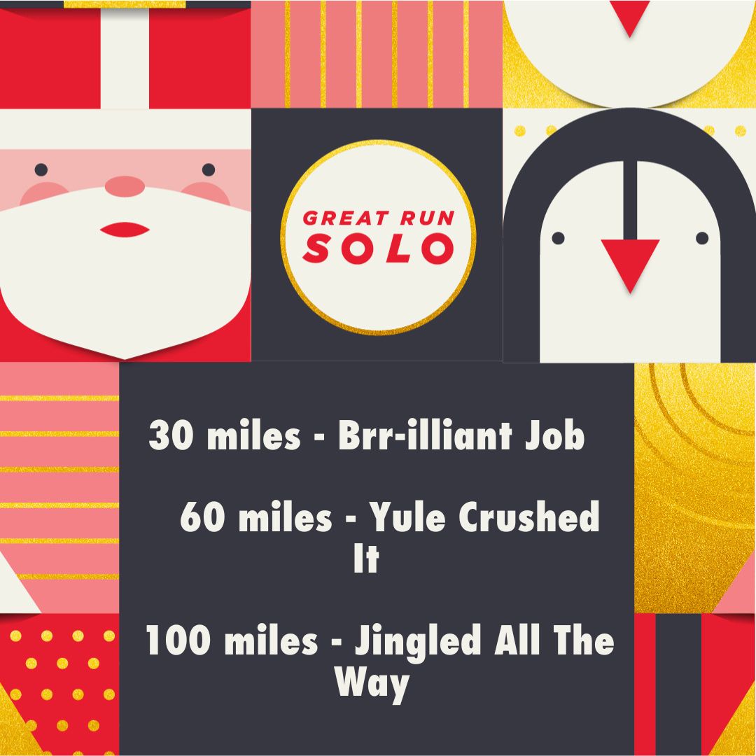 Join our Christmas #GreatRunSolo Christmas Challenge, and set your sights on one of our distance awards up for grabs: 

❄️ 30 miles - Brr-illiant Job  
🎄 60 miles - Yule Crushed It  
🔔 100 miles - Jingled All The Way 

grtrun.org/GreatRunSoloCh…