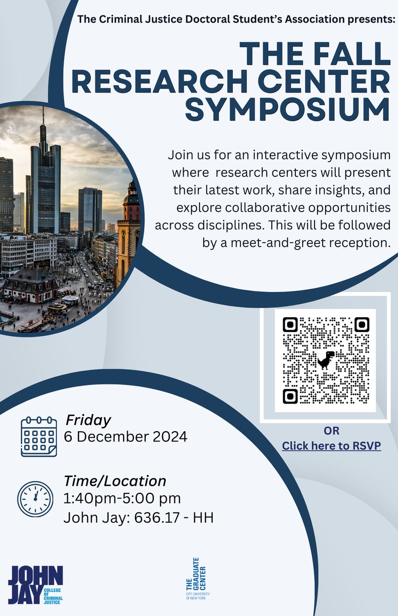 Join us for the Fall Research Symposium! 🌟
📅 Dec. 6, 2024 | ⏰ 1:40 PM - 5 PM
📍 John Jay College, Room 636.17 - HH
🎤 Talks, networking, &amp; reception!

First Center announcement: Cybercrime Studies (ccybers.org)

RSVP now (docs.google.com/forms/d/e/1FAI…)!