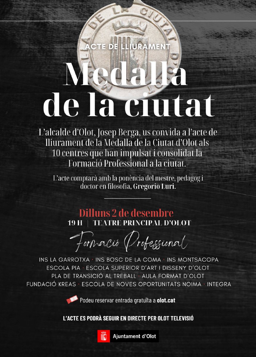 Olotuit's tweet image. 📣🏅 Vols assistir a l'acte de lliurament de la Medalla de la Ciutat d'#Olot?  

🗓️ Ja pots reservar la teva entrada gratuïta per assistir a l'entrega de la màxima distinció als 10 centres que han consolidat la Formació Professional.
🎟️ olotcultura.koobin.cat/medallaciutatf…

#AjuntamentOlot