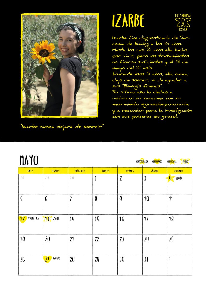 En honor a Izarbe Gil, la asociación @alsare_sarcomas (Instagram), ha preparado calendarios benéficos a favor de APSATUR. Muy emocionados por este homenaje.

Izarbe, siempre en nuestros corazones.
💛🌻🌻🌻💛

Solo 10€ más gastos de envío. Solicítalo aquí:
goo.su/S9zucC
