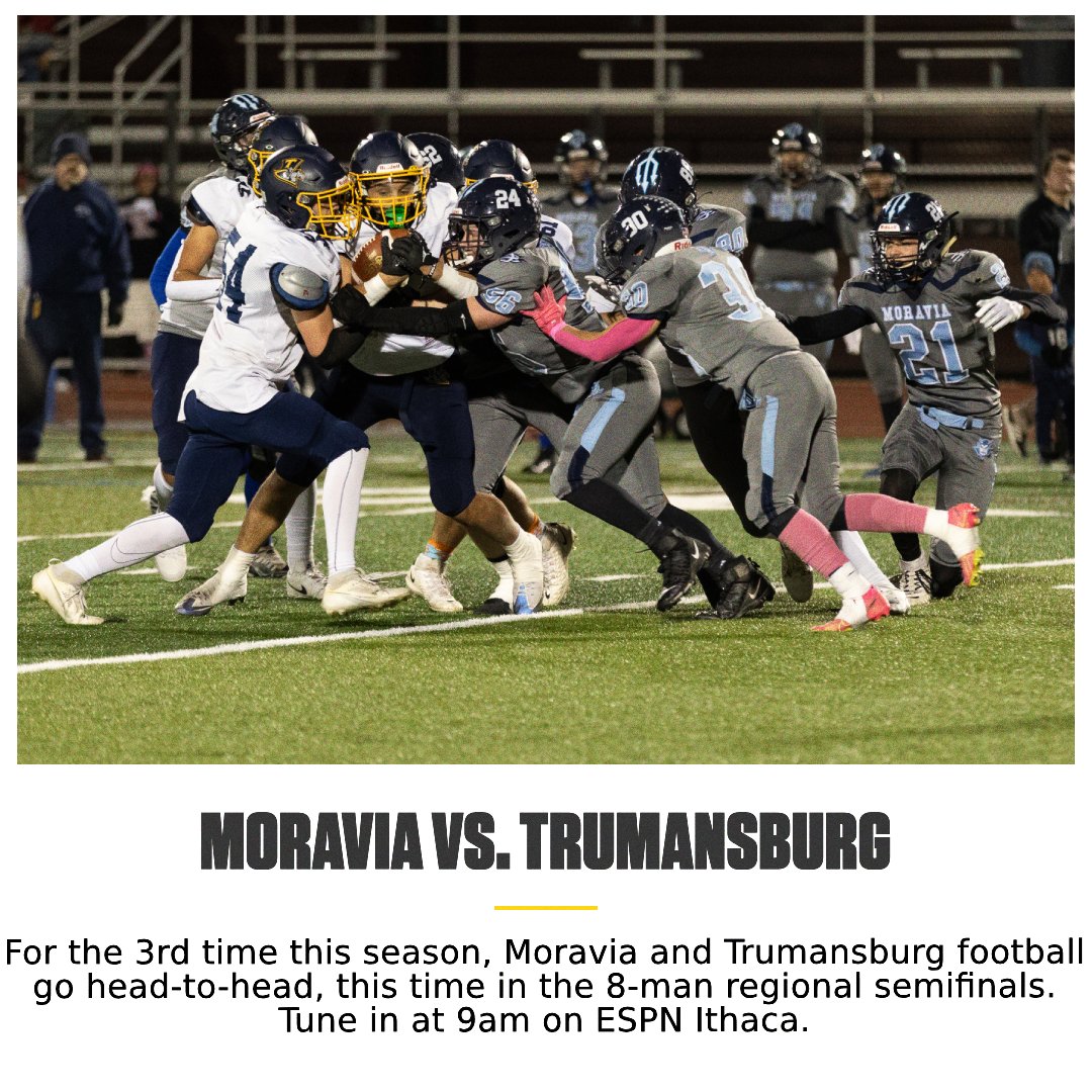 Moravia vs. Trumansburg football, Round 3!🏈

The Blue Devils &amp; Blue Raiders battle in Vestal in the 8-man regional semifinals, with both teams having already won once against each other this season.

Tune in at 9am: 107.1 FM/1160 AM, ESPNIthaca.com &amp; the #ESPNIthaca app