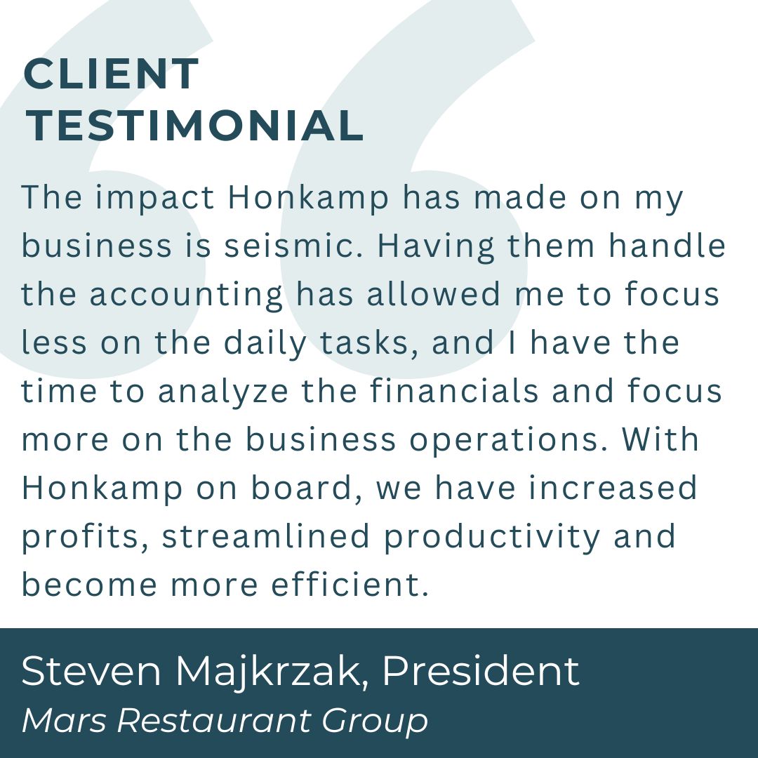 Honkamp, P.C. (@honkamp_pc) on Twitter photo How does Honkamp make a difference for our clients? Steven Majkrzak, president of Mars Restaurant Group and a Pancheros franchise operator, shares his experience. #TestimonialTuesday #testimonial How does Honkamp make a difference for our clients? Steven Majkrzak, president of Mars Restaurant Group and a Pancheros franchise operator, shares his experience. #TestimonialTuesday #testimonial