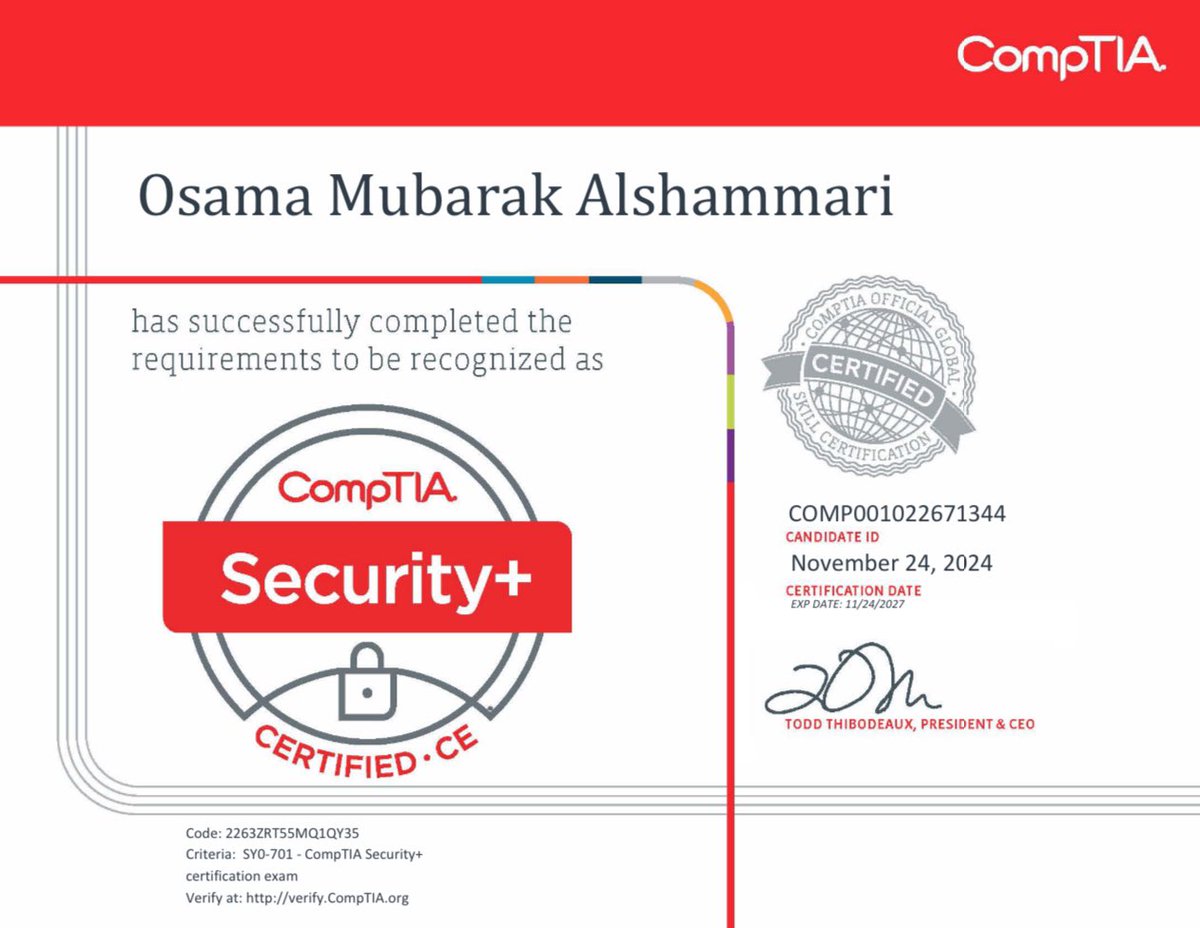 اللهم لك الحمد 🙏🏻🤍

I'm excited to announce that I have earned a new certification: CompTIA Security+ Certification from <a href="/CompTIA/">CompTIA</a>