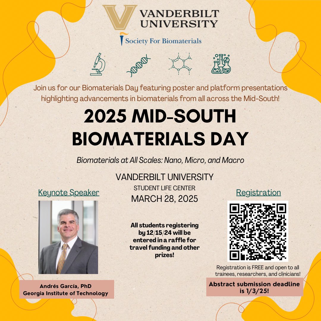 Excited to announce details and registration info our 2025’s Biomaterials Day, highlighting advances on all scales, with a special keynote from Dr. Garcia of GT! Visit the link in our bio to register and make sure you don’t miss this opportunity!
