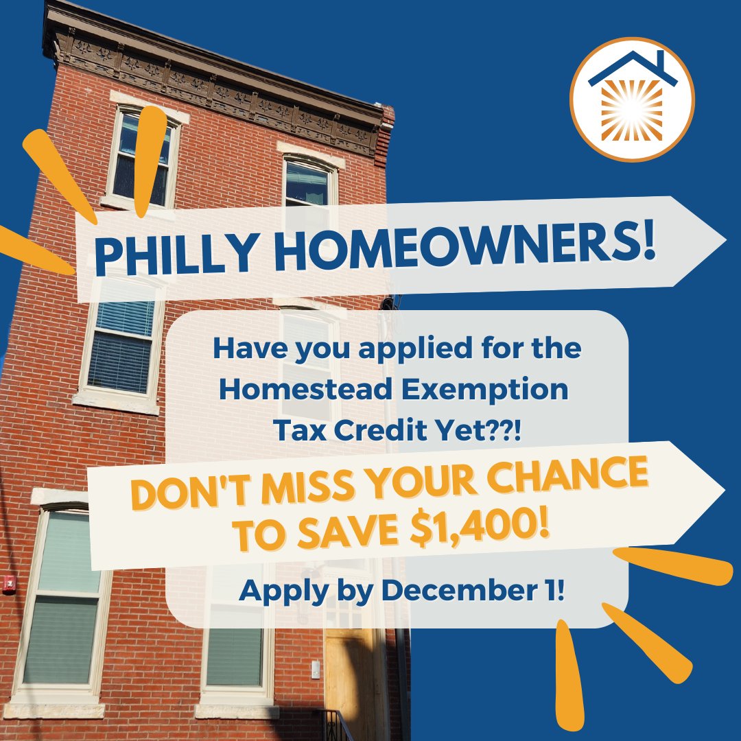 Philly homeowners: don't miss your chance to save $1,400 on real estate taxes! The deadline to apply for the Homestead Exemption is December 2!

Apply online or call the homestead exemption hotline: 215-686-9200. 
phila.gov/documents/home…