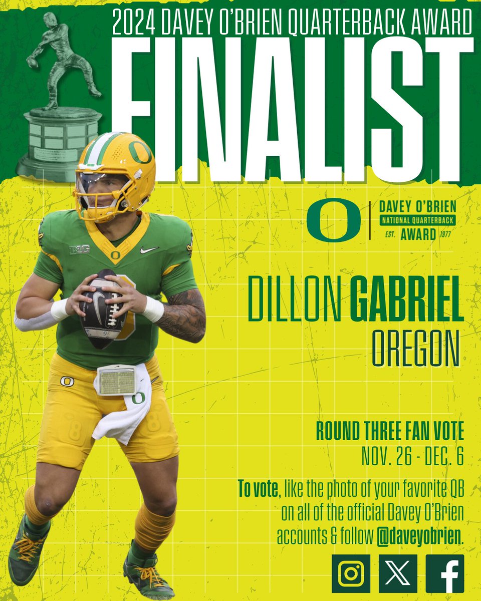 FINAL chance to get in the game &amp; vote! Like your QB’s photo and follow us on <a href="/daveyobrien/">Davey O'Brien National Quarterback Award</a> official accounts on Twitter, Instagram and Facebook. The fan vote winner will receive bonus Selection Committee votes as we decide our National Quarterback of the Year! #DaveyQBs #GoDucks