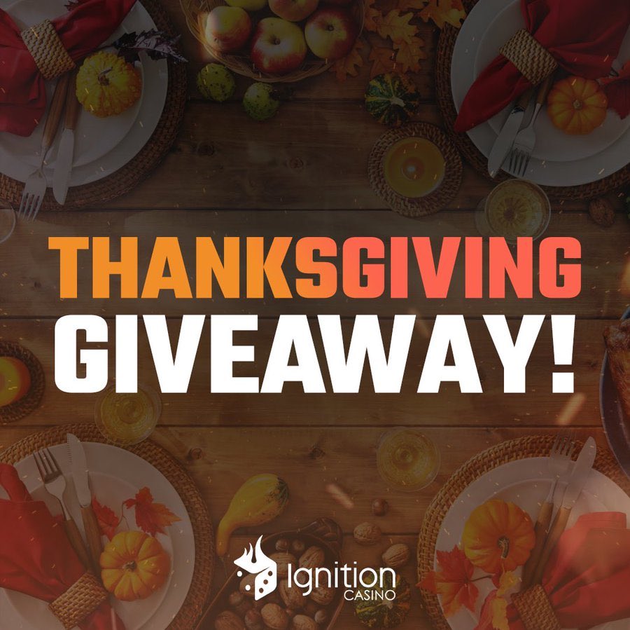 IgnitionCasino's tweet photo. 🦃THANKSGIVING GIVEAWAY!🦃

To celebrate thanksgiving we're giving away 5x $100 cash bonuses!

To enter:
- Find the answer to the question hidden on our site: https://t.co/UcQwMKr5k2
- Comment on this post after you have found it
- Like and share this post

Deadline is 29 November. Must be 21+ and live in the USA to enter. States excluded: NY, NJ, NV, MD & DE