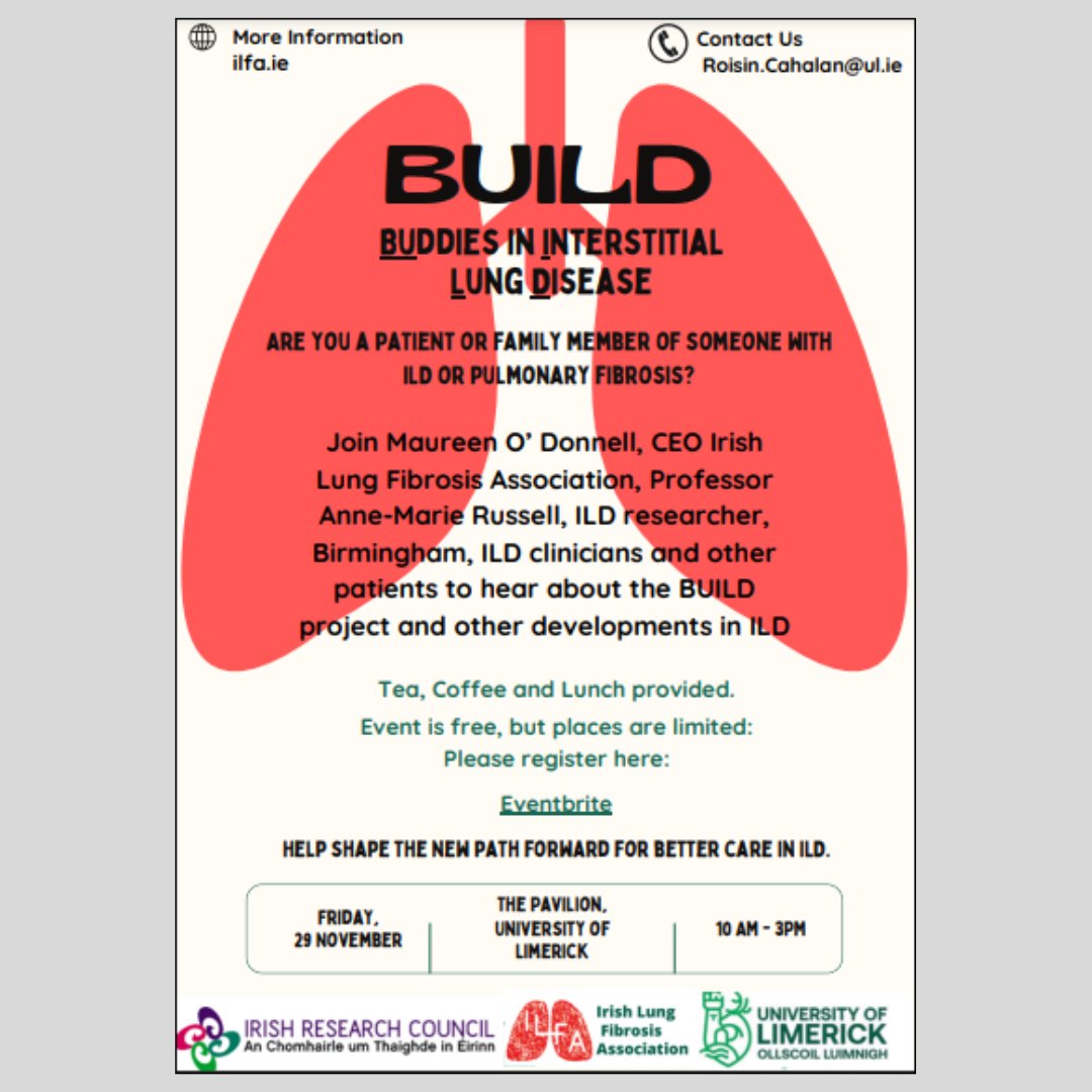 ILFA Ireland (@ilfa_ireland) on Twitter photo Prof Roisin Cahalan @roisinc1 <a href="/UL/">University Of Limerick</a> is hosting an Information Day for Interstitial Lung Disease on Friday 29th November 2024. This event is fee of charge but you must register in advance and places are limited. Register via the link below
eventbrite.ie/e/build-buddie… Prof Roisin Cahalan @roisinc1 <a href="/UL/">University Of Limerick</a> is hosting an Information Day for Interstitial Lung Disease on Friday 29th November 2024. This event is fee of charge but you must register in advance and places are limited. Register via the link below
eventbrite.ie/e/build-buddie…