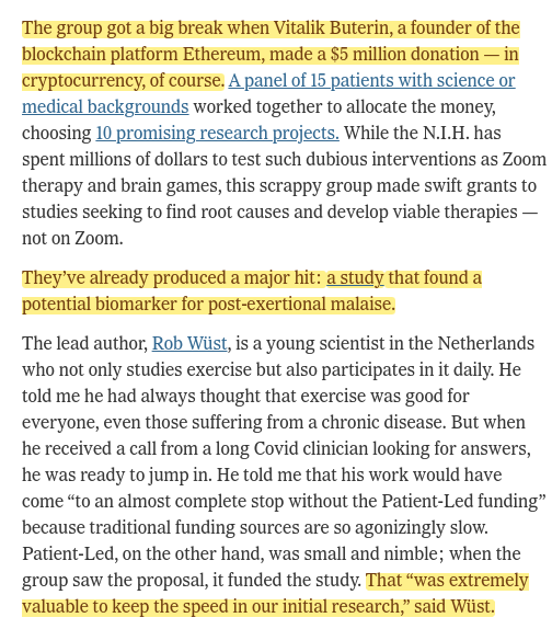 zeynep tufekci (@zeynep) on Twitter photo Some of the most promising research on debilitating Long Covid was funded by a small patient group using the $5 million they got from <a href="/VitalikButerin/">vitalik.eth</a> ā in cryptocurrency!
That's why picked <a href="/patientled/">Patient-Led Research Collaborative</a> as my choice for this year's donation guide.
Great way to make a difference. Some of the most promising research on debilitating Long Covid was funded by a small patient group using the $5 million they got from <a href="/VitalikButerin/">vitalik.eth</a> ā in cryptocurrency!
That's why picked <a href="/patientled/">Patient-Led Research Collaborative</a> as my choice for this year's donation guide.
Great way to make a difference.