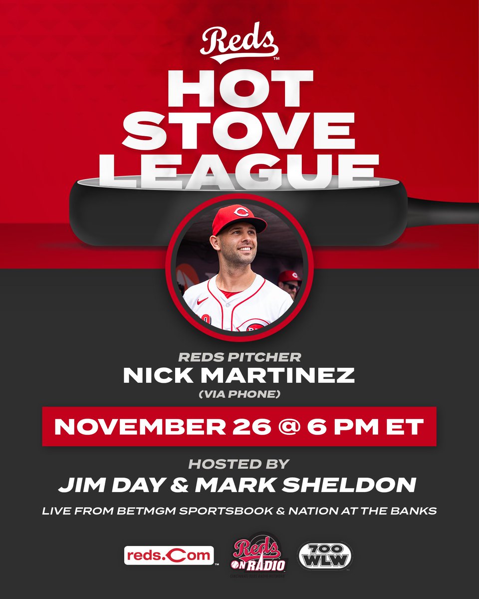 Nick Martinez is tonight's guest on the Reds Hot Stove!

📍 6 PM ET at BetMGM Sportsbook/Nation Kitchen &amp; Bar at The Banks
📻 700WLW, Reds Radio Network stations &amp; reds.com/hotstove