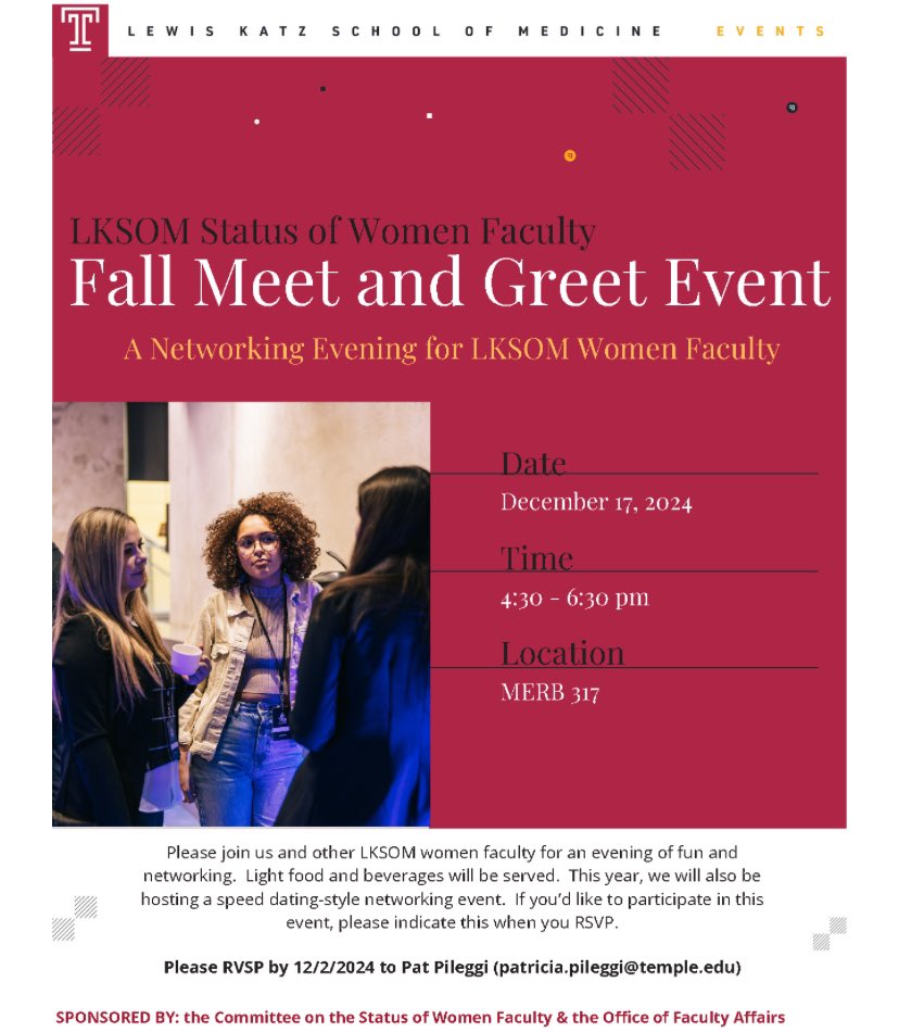 LKSOM Status of Women Faculty Committee (@owlwomenfaculty) on Twitter photo Attention LKSOM women faculty! RSVP now to attend our first Meet and Greet of the year with âspeed networkingâ and messages from prominent women faculty, including Dean Dr. Goldberg <a href="/AJGTempleSurg/">Amy Goldberg</a>. Hope to see you next month! <a href="/templemedschool/">Temple Med School</a> <a href="/TUMedResearch/">Lewis Katz School of Medicine at Temple U Research</a> <a href="/Temple_LKSOM/">Physician/Faculty Recruitment @ Temple LKSOM</a> Attention LKSOM women faculty! RSVP now to attend our first Meet and Greet of the year with âspeed networkingâ and messages from prominent women faculty, including Dean Dr. Goldberg <a href="/AJGTempleSurg/">Amy Goldberg</a>. Hope to see you next month! <a href="/templemedschool/">Temple Med School</a> <a href="/TUMedResearch/">Lewis Katz School of Medicine at Temple U Research</a> <a href="/Temple_LKSOM/">Physician/Faculty Recruitment @ Temple LKSOM</a>
