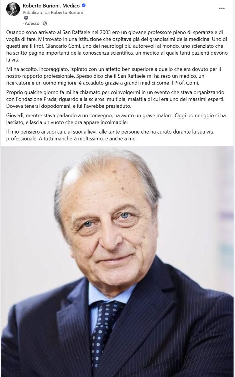 RobertoBurioni's tweet photo. E' mancato il Prof. Giancarlo Comi, un amico, un collega, un grande medico. https://t.co/hgMk7JZ2Cc