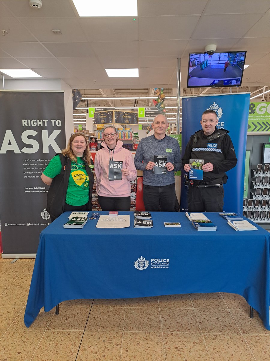 PSOSLanarkshire's tweet photo. PC Ferguson from the Domestic Abuse Safeguarding Team and PC Sweeney from the Preventions Team held a safety stall in ASDA, Blantyre today. Sharing advice on general safety and the Disclosure Scheme (DSDAS). Remember you have the #RightToAsk #16DaysofActivism https://t.co/xrykZrA3Dw