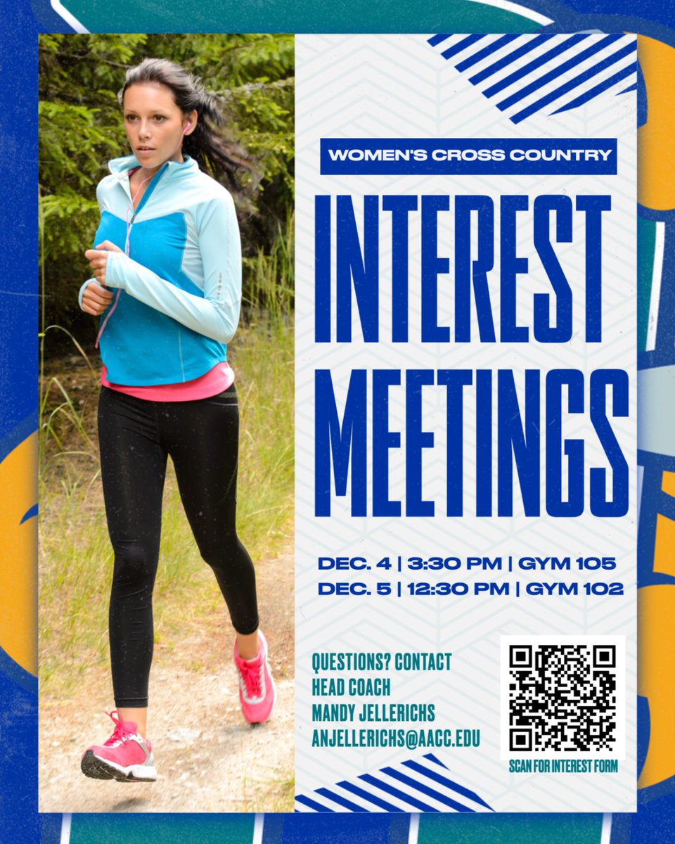 Women's Cross Country interest meetings next week: Wednesday, December 4th at 3:30 p.m. and Thursday, December 5th at 12:30 p.m.

Contact Coach Jellerichs or visit aaccathletics.com/recruitme to fill out an interest form.